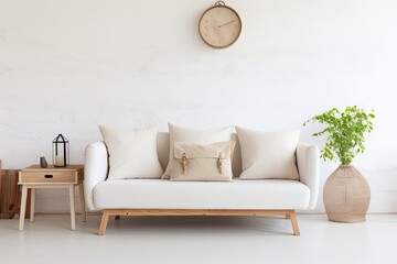 Beige wooden sofa and bags in white loft interior 
 Generative AI