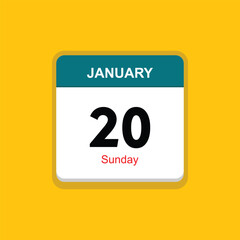 sunday 20 january icon with black background, calender icon