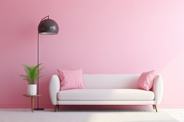 Fototapeta na wymiar : Comfortable sofa and stylish lamp near pink wall Generative AI
