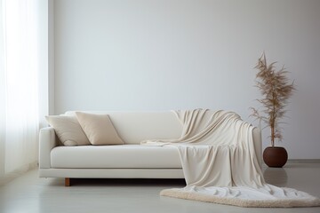  Comfortable sofa with blanket in stylish room Generative AI