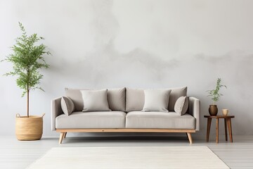 Darkvelvet sofa with wooden legs and a beige rug 
 Generative AI