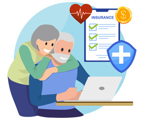 Happy senior couple select insurance protect health and life form computer