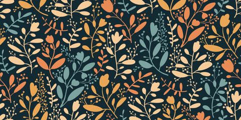 Stylish seamless floral pattern. Nature - flowers, leaves, twigs and berries. Abstract vector color print. Simple silhouette minimalism.