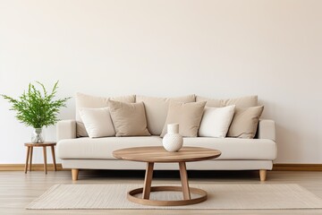  Earth tone style sofa and pillows with round center tab Generative AI