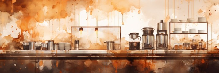 Watercolor coffee shop background. Generative AI