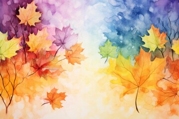 Naklejka na ściany i meble Watercolor autumn abstract background with maple leaves. Generative AI