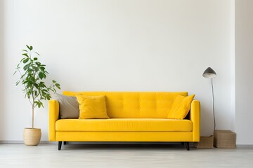  Front view of yellow couch in living room apartment 
 Generative AI