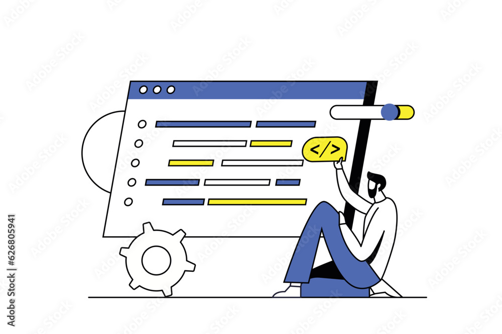 Poster programing software concept with people scene in the flat cartoon design. a programmer checks the sy