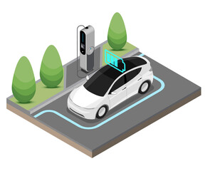 EV Electric Car stop at Charging Station Ecology cut inside show Battery Concept isometric isolated 