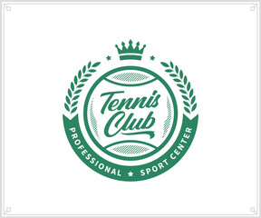 Tennis club logo template. Sport label with sample text. Tennis emblem for tournament, recreation or clubhouse - obrazy, fototapety, plakaty