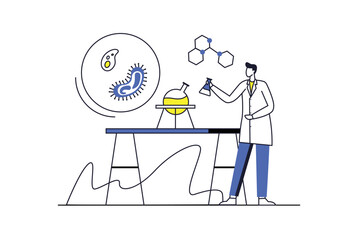 Science lab concept with people scene in the flat cartoon style. A scientist studies various biological organisms in the laboratory. Vector illustration.