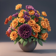Bouquet of different flowers in a vase in 3D animation style generated ai 