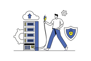 Server maintenance concept with people scene in the flat cartoon design. A technician checks the maintenance servers. Vector illustration.