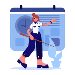 Lady standing near calendar and planning workday. Wise timing concept. Time organization and management concept. Effective work scheduling concept. Flat vector illustration in cartoon style