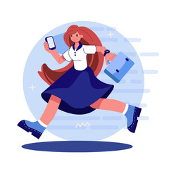 Female running to work. Wise timing concept. Time organization and management concept. Effective work scheduling concept. Flat vector illustration in cartoon style