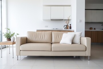  Leather sofa in modern living room and kitchen Generative AI