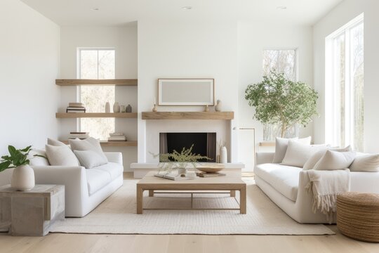  Modern bright white farmhouse living room Generative AI