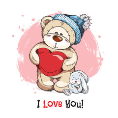 Cute hand drawn teddy bear in hat holding red heart sketch style