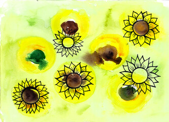 Sunflowers with a black outline. Watercolor blur background. Yellow. The brown and green center of the flowers is partially overlapped with a contour pattern or completely. Abstraction.
