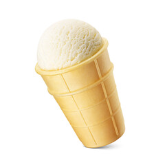 Vanilla ice cream in a waffle sugar cone isolated. Transparent PNG image.