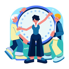Female coach helping employees planning work time. Work productivity, workflow. Time organization concept. Effective work scheduling. Flat vector illustration in blue colors in cartoon style