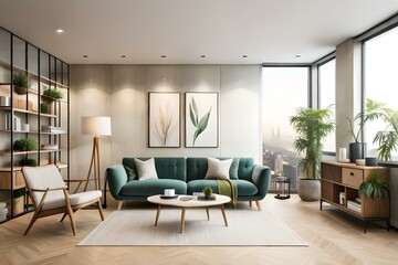 Stylish composition of cozy living room interior with copy space, lot of plants, wooden shelves, rattan sofa and boho accessories. Beige wall, carpet on the floor. Plants love concept. Templates.