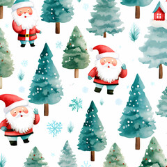 christmas print template samples with fir tree, santa claus, gift box, cartoon paint style for pijamas generative ai