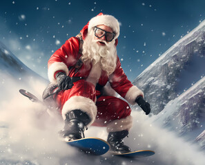 crazy modern santa claus doing surfing snowboarding skydiving, drives car or is on motorcycle with gift box, generative ai, christmas night.