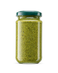 Green Italian sauce pesto in glass jar with metal twist off lid isolated. Transparent PNG image.