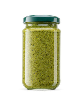 Green Italian Sauce Pesto In Glass Jar With Metal Twist Off Lid Isolated. Transparent PNG Image.