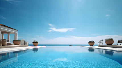 Clean swimming pool outside hotel against beautiful sea view