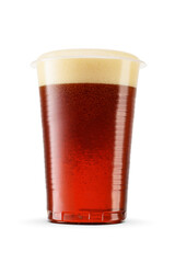 Dark amber porter beer in small plastic disposable cup isolated. Transparent PNG image.