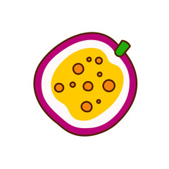 Hand-drawn passion fruit on a transparent background. Isolated vector illustration of half passion fruit