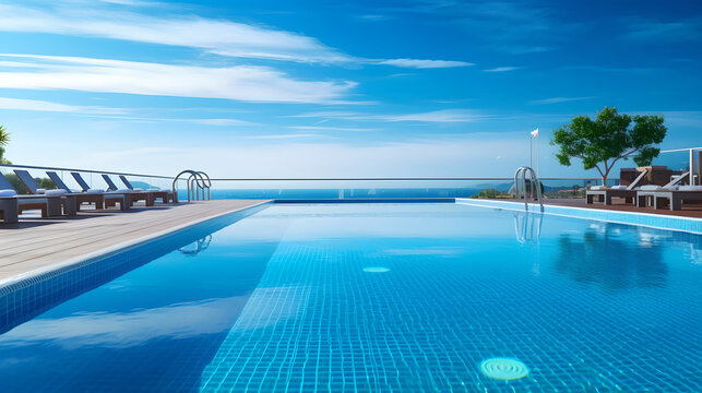 Clean swimming pool outside hotel against beautiful sea view