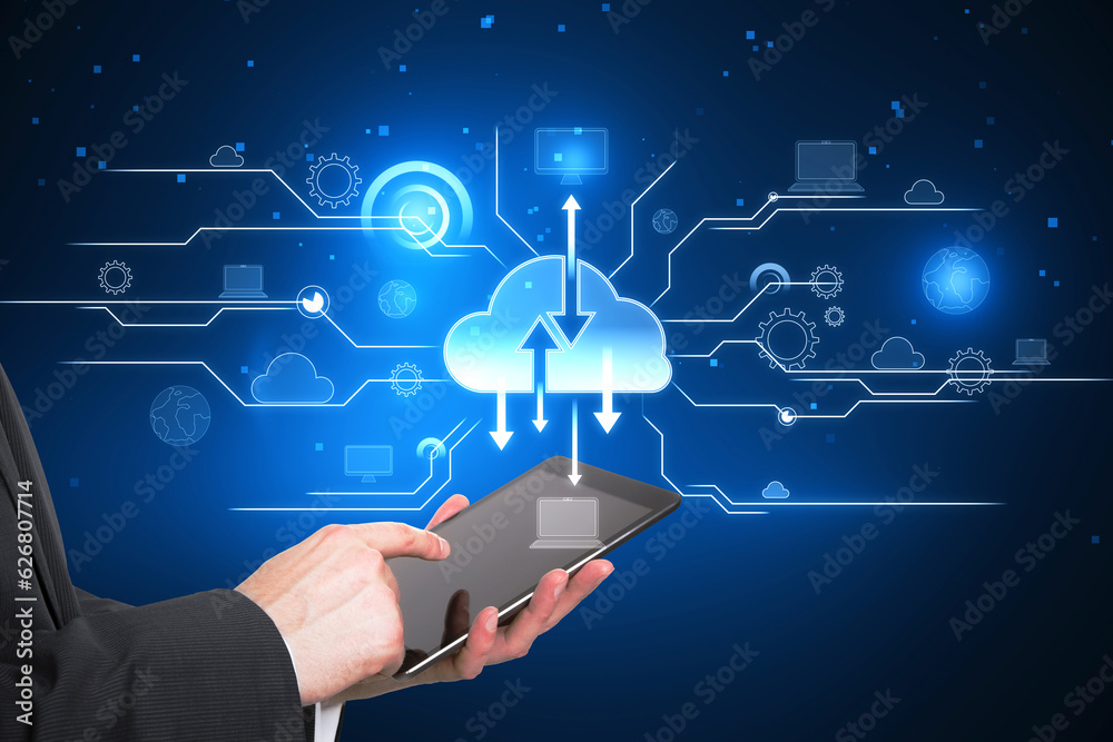 Poster Mobile cloud service and data storage concept with businessman hands using digital tablet on dark background with cloud symbol and arrows