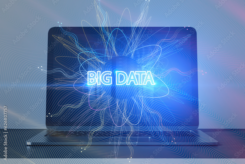 Poster abstract big data waves on laptop screen. technology, ai and future concept. double exposure.