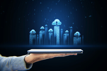 Metaverse and cloud technology concept with blue glowing city skyscrapers visualization with cloud...