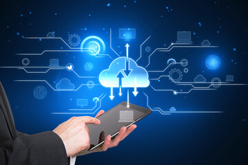 Mobile cloud service and data storage concept with businessman hands using digital tablet on dark background with cloud symbol and arrows