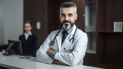 Fototapeta premium Doctor in uniform with stethoscope at the reception desk