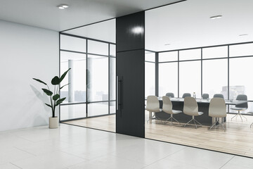 Perspective view of modern office hallway with meeting room with glass wall, panoramic window, wooden floor and entrance door. 3D Rendering