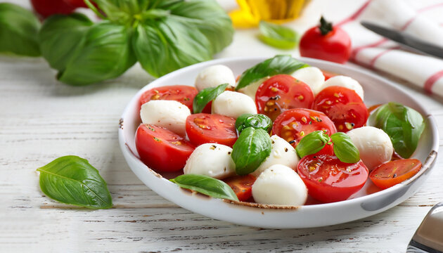 Tasty salad Caprese with tomatoes, mozzarella balls and basil on white wooden table, closeup - Powered by Adobe