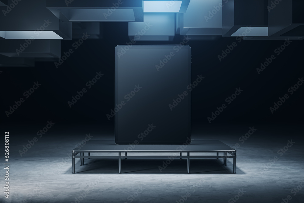 Poster modern grunge interior with empty mock up tablet on pedestal pedestal. 3d rendering.