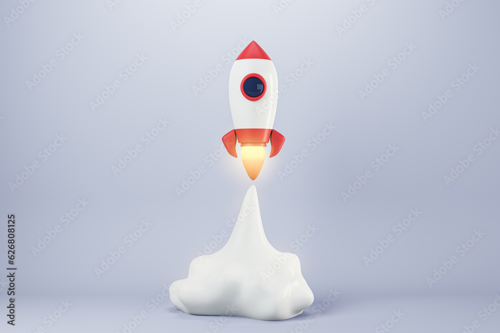 Poster startup and promotion concept with launched rocket on light background. 3d rendering