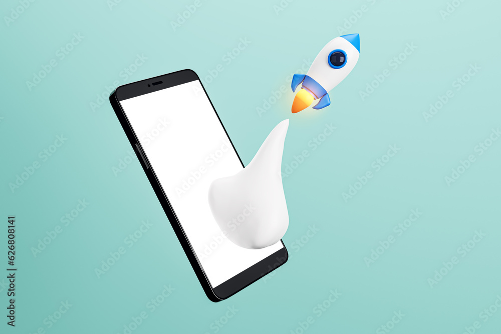 Poster Creative blue background with flying rocket, smartphone. SEO, startup and web development concept. 3D Rendering.