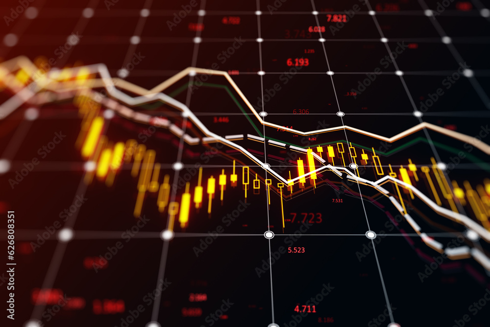 Poster Creative falling forex chart with index on blurry dark backdrop. Crisis and declining trade concept. 3D Rendering.