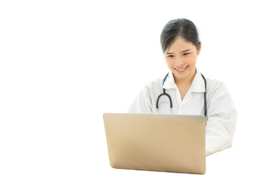 Doctor In Video Conferencing With General Health Practitioner Or Online Personal Healthcare For Consult. Tele Medical, Telehealth, Internet Technology Concept. Isolated On White Background.