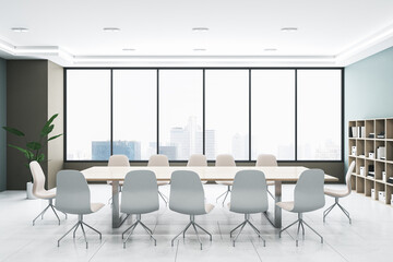 Front view of light modern meeting room with panoramic city view window on background, grey floor and large office desk. 3D Rendering