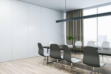 Blank white wall with place for poster or banner in a modern meeting room with wooden office desk and chairs, mockup. 3D Rendering
