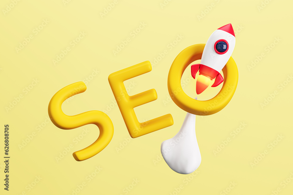 Poster Creative yellow background with flying rocket and word. SEO, startup and web development concept. 3D Rendering.