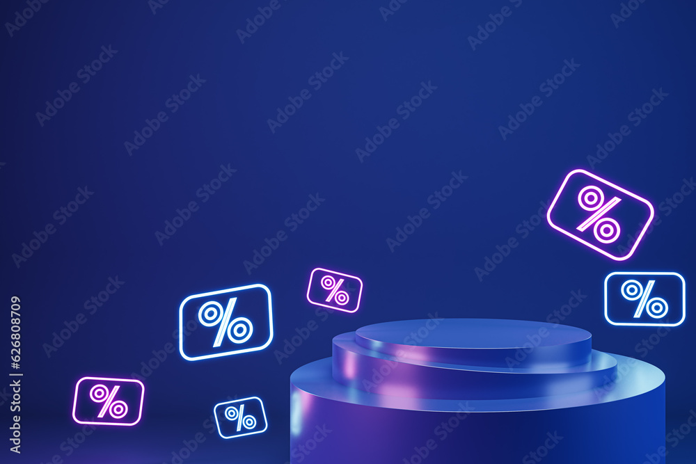 Poster mobile shopping and sale concept with blank bright blue stand for your product presentation surround